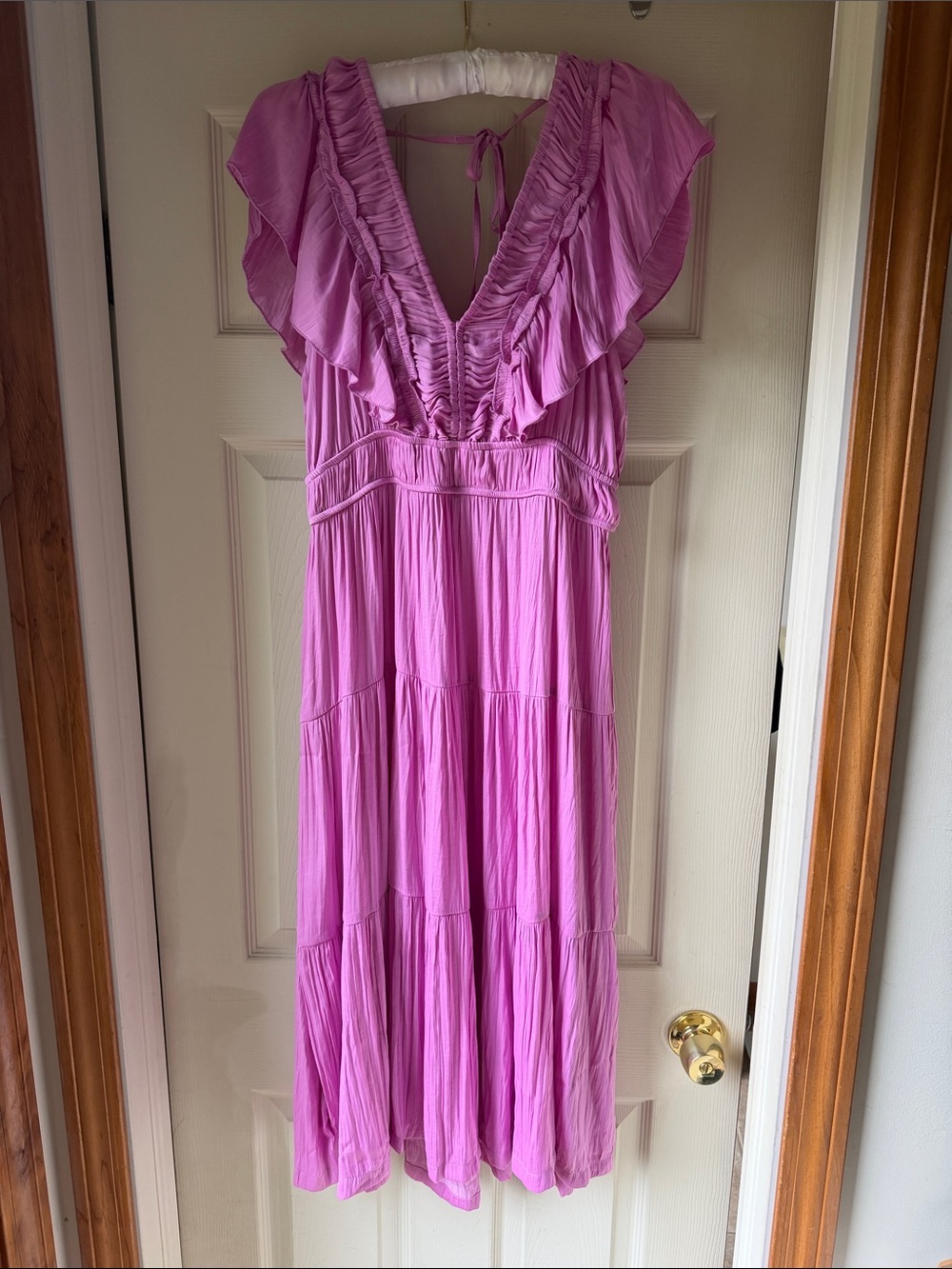 Joie Lavender-Pink Ruffle V-Neck Maxi Dress